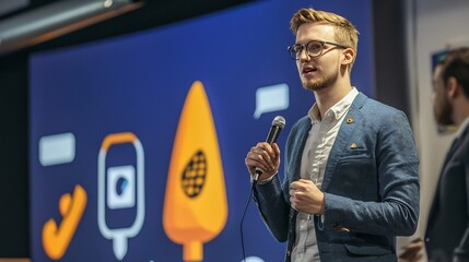 Dynamic young CEO launching a new fintech company bold presentation startup enthusiasm