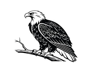 Majestic Bald Eagle Perched on Branch Black and White Illustration