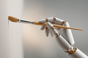 A close-up of a prosthetic hand holding a paintbrush, creating a vivid and intricate artwork on a canvas ,copy space background