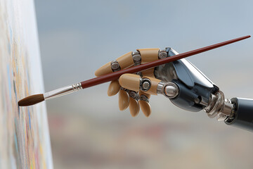 A close-up of a prosthetic hand holding a paintbrush, creating a vivid and intricate artwork on a canvas ,copy space background