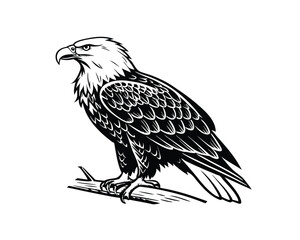 Majestic Bald Eagle Perched on Branch Black and White Illustration