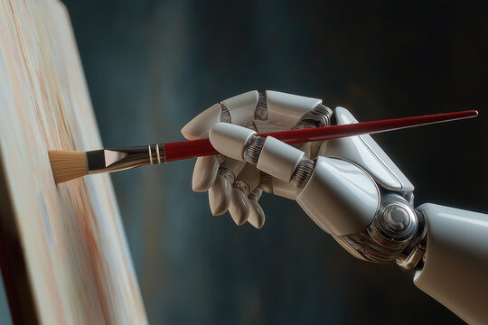 A close-up of a prosthetic hand holding a paintbrush, creating a vivid and intricate artwork on a canvas ,copy space background