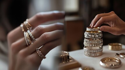 Fashion photoshoot featuring bohemian jewelry a close up of stacked rings on fingers an artisan working on a goldsmithing project a luxury brand showroom with jewelry displays