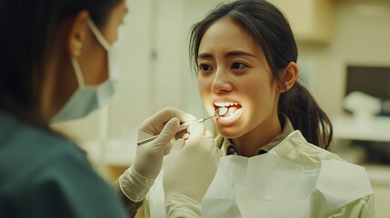 Female dentist examining a patient's mouth with a dental mirror showcasing a professional and caring approach