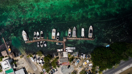 Aerial view of a marina with crystal-clear waters