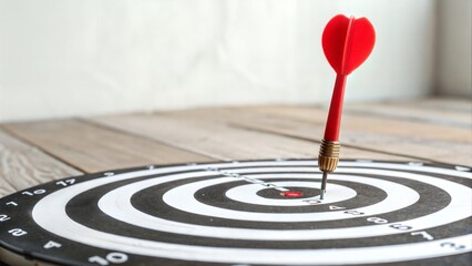 Fototapeta premium Red Dart Hitting Bullseye on Dartboard, Business Success and Focus Concept 