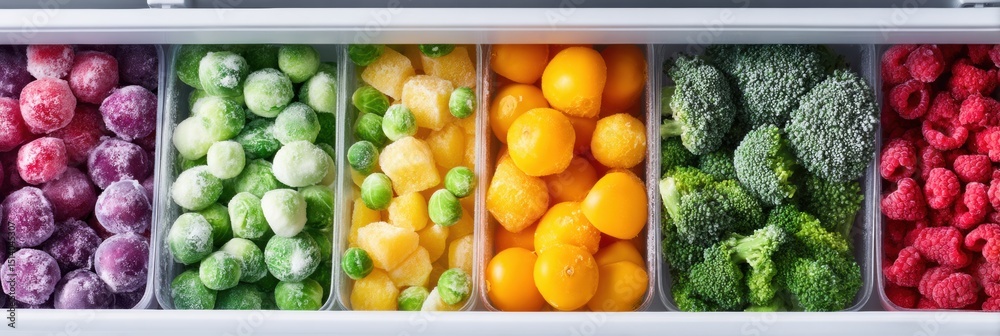 Poster open freezer drawer filled with colorful frozen vegetables and fruits arranged in neat sections for 