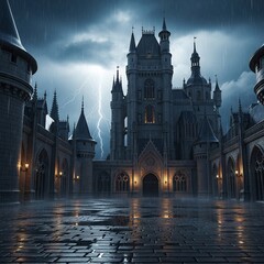 Gothic Castle Under a Stormy Sky with Lightning and Heavy Rain