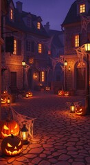 Halloween Night in a Quaint Stone-Paved Alleyway