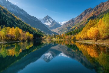 Obraz premium Breathtaking panoramic view of a majestic mountain lake reflecting colorful autumn foliage