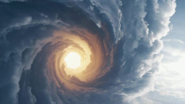 Dramatic swirling cloud vortex revealing a bright light in the sky