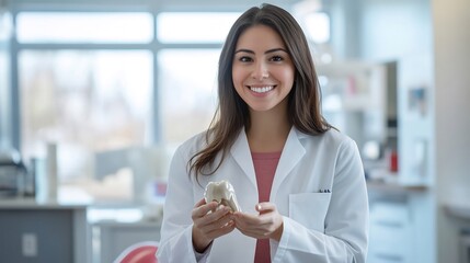 Female healthcare professional in a white coat smiling warmly while holding a dental model emphasizing preventive care in a modern clinic