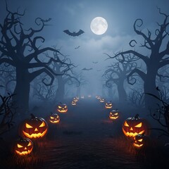 Halloween Night Path of Jack-o'-Lanterns in a Haunted Forest