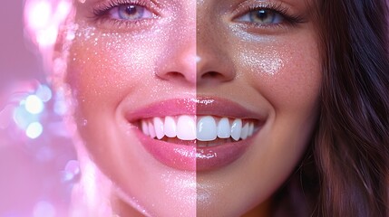 Female influencer demonstrating new whitening toothpaste before after dental transformation high detail a futuristic digital rendering of enamel brightening an artistic take on a radiant white smile