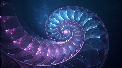 Glowing Purple and Blue Nautilus Shell Spiral Fractal Art