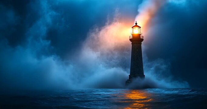 Illuminating structure under stormy skies with fog and glowing orange light. The light beam shines through clouds in the night at sea. The scene highlights drama