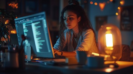 Female tech entrepreneur working late on a groundbreaking software project intense focus digital workspace