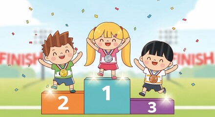 Joyful Children Celebrate Race Victory on Podium
