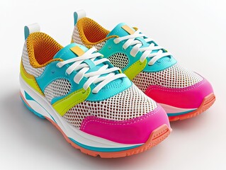 Mockup of a pair of tennis shoes with breathable fabric and bright, sporty colors.