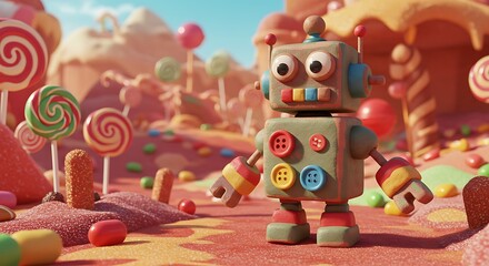 Obraz premium Toy robot in a candyland fantasy environment