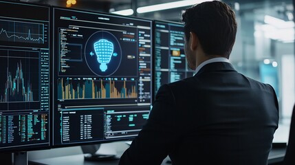 Finance executive monitoring a live AI driven cryptocurrency trading bot futuristic fintech workspace