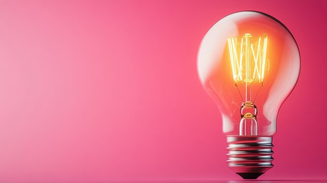 A fashionable vintage light bulb illuminates warmly against a chic pink background, embodying a blend of nostalgia and contemporary design for a creative aesthetic.