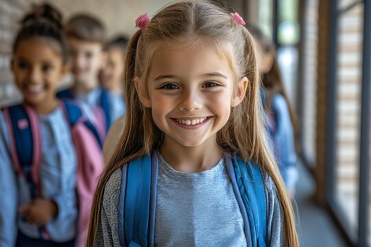 Smiling little school kids in school corridor
