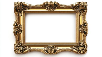 Vintage gold horizontal frame, rectangular border template with   15.5x8.5 aspect ratio for web, presentation, video thumbnail, 16x9 work project, png isolate on white background