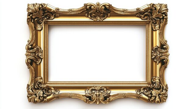 Vintage gold horizontal frame, rectangular border template with   15.5x8.5 aspect ratio for web, presentation, video thumbnail, 16x9 work project, png isolate on white background