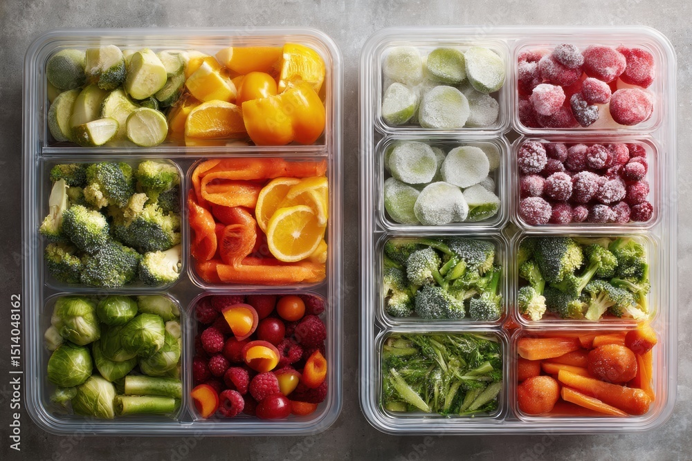Poster Comparison of Shelf Life Between Fresh and Frozen Produce Displayed in Organized Containers