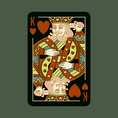 King of Hearts, playing poker card in black design. Isolated vector illustration. Editable stroke lines.	