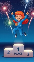 Joyful Girl on the Third Place Podium with Fireworks