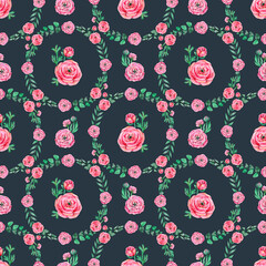 Mothers Day pink peonies buttercup flowers with eucaluptus leaves watercolor seamless pattern. Floral garden roses repeat background for spring wedding design and fabrics