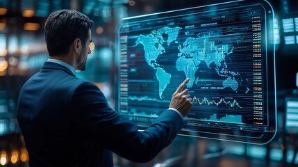 Finance mogul monitoring global stock market trends on a futuristic floating holographic screen