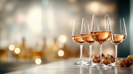Obraz premium A beautifully arranged set of four glasses filled with rose wine, beautifully blurred background highlighting a celebratory atmosphere, perfect for stock photography.