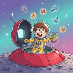Joyful Young Astronaut Enjoying Snacks in Spacecraft on Moon