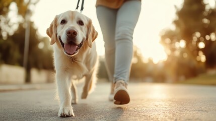 A joyful Labrador retriever walking on a leash beside its owner during a sunset, showcasing the bond of companionship and joy shared during outdoor adventures.