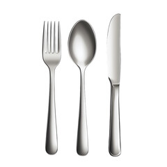 A spoon, fork, and butter knife set in brushed silver, arranged in a modern overlapping layout, isolated on transparent background.