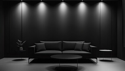 Modern dark home interior background with sleek design elements and ambient lighting, captured in ultra-realistic HD