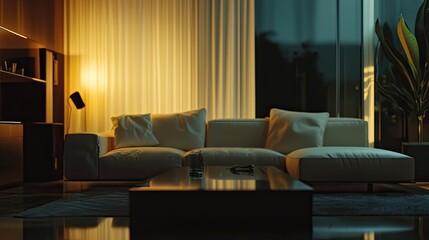 Modern living room interior, sleek design with soft lighting and minimalist furniture captured in 