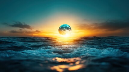 A stunning visual of Earth rising above the ocean horizon during sunset, capturing the beauty of our planet while evoking feelings of wonder, tranquility, and exploration.