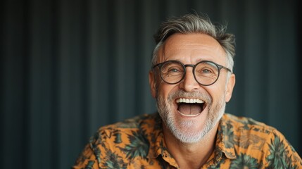 Obraz premium A cheerful older man with gray hair and glasses smiles widely, showcasing happiness and warmth, seated against a textured backdrop that complements his vibrant shirt.