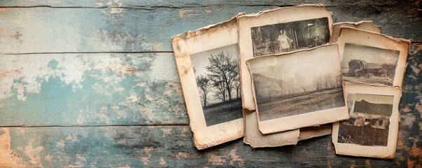 Old photos on antique backdrop, vintage textures with soft grain and worn edges captured in stunning HD