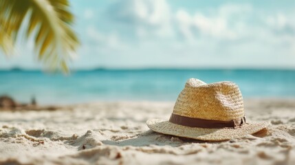A straw hat resting on sandy shores, inviting relaxation among tranquil turquoise waters, palm trees and a bright blue sky, evoking feelings of summer holidays and serenity.