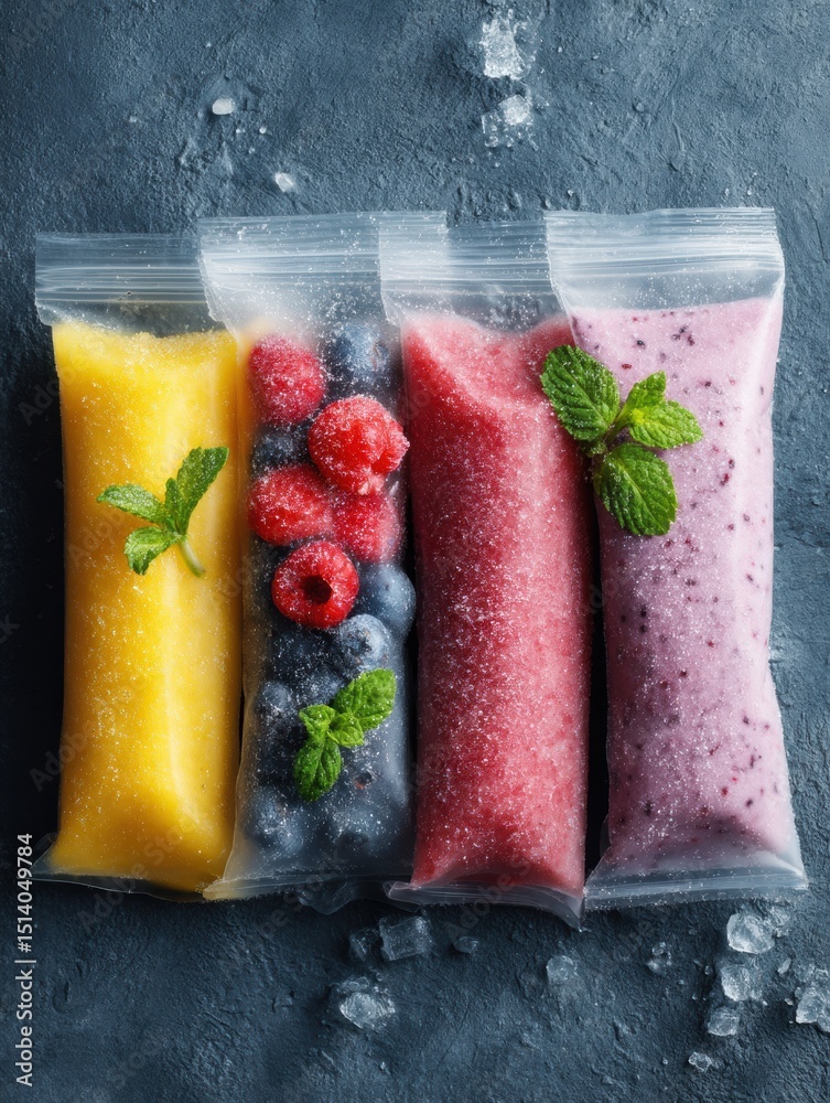 Poster Healthy Frozen Smoothie Packs Arranged Neatly on a Cold Surface With Minimal Background for a Vibrant, Fresh Appeal