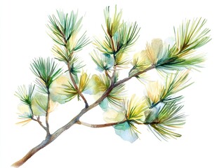 Pine branch watercolor isolated illustration, the fine details of the pine needles and texture captured with high-definition clarity 