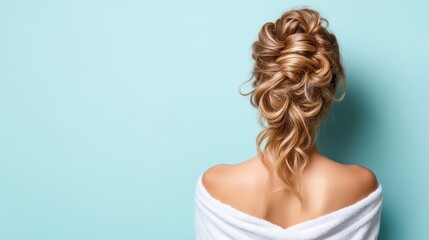 Fototapeta premium An elegant hair updo styled on a woman, beautifully captured against a soft blue background, exuding beauty, sophistication, and charm in an artistic portrait.