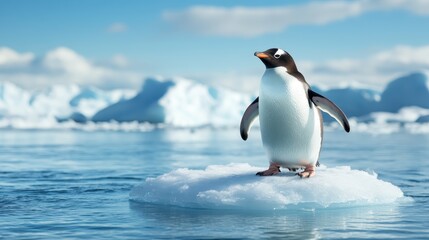 Obraz premium A cute penguin stands on a small iceberg against a breathtakingly serene Arctic landscape, embodying the beauty and fragility of nature's ecosystems in brilliant detail.