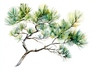 Pine branch watercolor isolated illustration, the fine details of the pine needles and texture captured with high-definition clarity