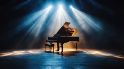 A solitary grand piano bathed in dramatic lighting creates an elegant and artistic atmosphere, evoking emotions of music, creativity, and inspiration.